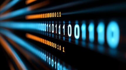 Fototapete - Series of binary numbers are displayed in a black and orange background. The numbers are arranged in a long line, with some numbers being larger than others. Concept of order and structure
