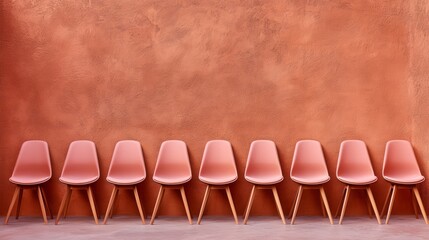 Aufkleber - Row of pink chairs are lined up against a wall. The chairs are all facing the same direction, and there are a total of nine chairs. The chairs are arranged in a neat and orderly fashion