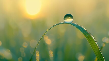 Poster - Single drop of water sits on a green leaf. The sun is setting in the background, casting a warm glow over the scene. Concept of tranquility and beauty