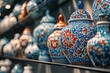 © whitestorm - A vibrant collection of handmade ceramic pottery with intricate floral patterns, displayed on a shelf with bokeh effects adding depth and artistic flair to the scene.
