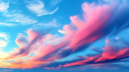 Poster - The sky is filled with pink clouds, creating a beautiful and serene atmosphere. The colors of the clouds and the blue sky blend together to create a sense of calm and tranquility