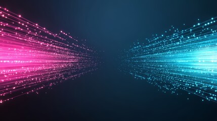 Fototapete - Two bright pink and blue lines of light with a blue background. The pink and blue lines are moving in opposite directions