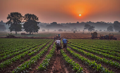 Poster - Man and a woman are walking through a field of crops. The sun is setting in the background, casting a warm glow over the scene. The atmosphere is peaceful and serene, with the two people enjoying the