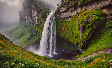 Poster - Waterfall with a green bridge over it. The waterfall is surrounded by a lush green valley. The valley is filled with wildflowers and grass. The scene is serene and peaceful