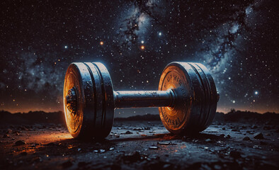 Wall Mural - Dumbbell is sitting on the ground in front of a starry sky. The dumbbell is surrounded by a dark, rocky area
