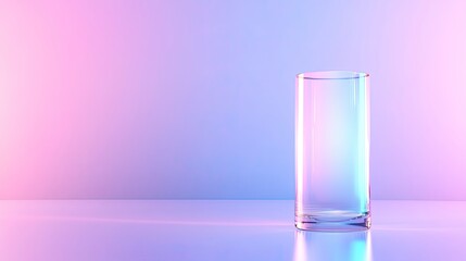 Empty cylindrical glass on reflective surface against vibrant pink and blue gradient background.