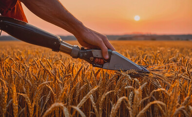 Poster - Man with a prosthetic arm is cutting wheat in a field. The sun is setting in the background, creating a warm and peaceful atmosphere