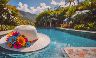 Fototapete - White hat with flowers on it is floating in a pool. The hat is placed on the edge of the pool, and the flowers are scattered around it. Concept of relaxation and leisure, as the hat
