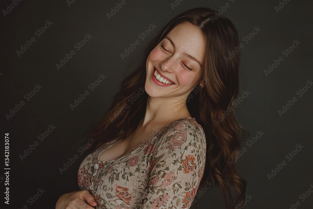 A woman with long hair smiles warmly while wearing a floral patterned top. She stands against a dark background, exuding a joyful and inviting vibe in an intimate indoor atmosphere.