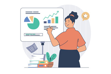 Poster - Business activities concept with cartoon people in flat design for web. Businesswoman analyzing company data with financial growth trend, investing money and achieving goals. Vector illustration.