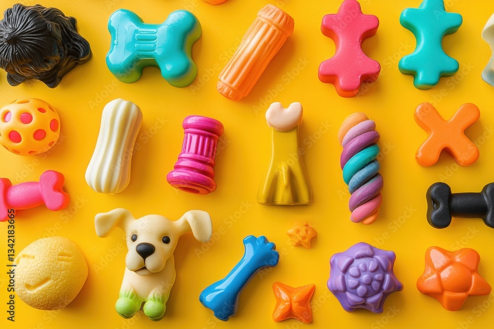 A variety of colorful pet toys arranged on a bright yellow surface. The toys include bones, chews, and playful shapes, perfect for engaging pets during playtime and training activities.