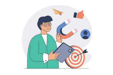 Fototapete - Digital marketing concept with cartoon people in flat design for web. Man with magnet attracting clients, sending emails with promo, creating advertising for target audience. Vector illustration.