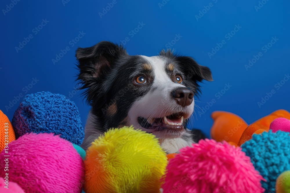 A joyful dog sits among an assortment of brightly colored, fluffy balls in various sizes. The playful atmosphere highlights the dogs excitement and curiosity, creating a vivid and engaging moment.