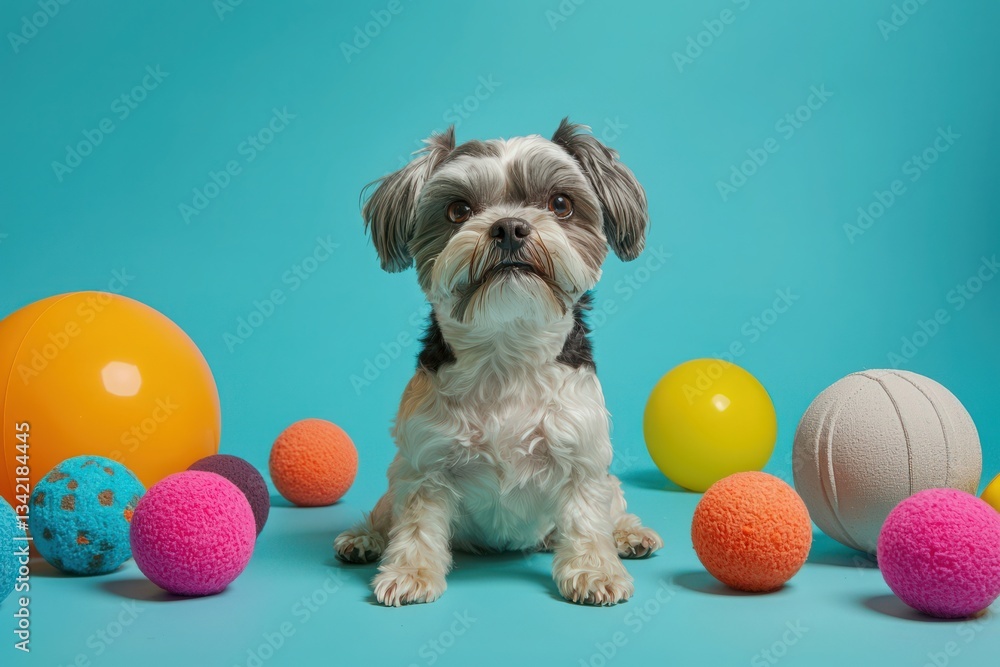 A small dog sits calmly among an array of vibrant, textured balls in shades of orange, yellow, and pink. The bright blue backdrop enhances the playful atmosphere.