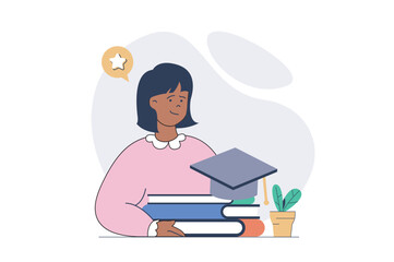 Aufkleber - Education concept with cartoon people in flat design for web. Student reading textbooks and books, gaining cognitions and skills, learning at university and getting graduation. Vector illustration.
