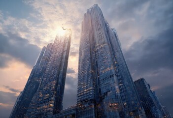 Poster - A Modern Cityscape with Tall Skyscrapers and a Cloudy Sky