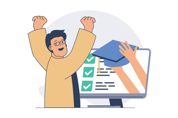 Poster - Education concept with cartoon people in flat design for web. Student learning lessons with online course, doing homework at computer, passes exams success, getting graduation. Vector illustration.