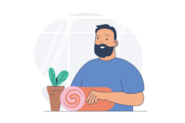 Aufkleber - Hobby activity concept with cartoon people in flat design for web. Man doing yoga practice, gymnastics stretching or pilates training, enjoying sport process and physical leisure. Vector illustration.