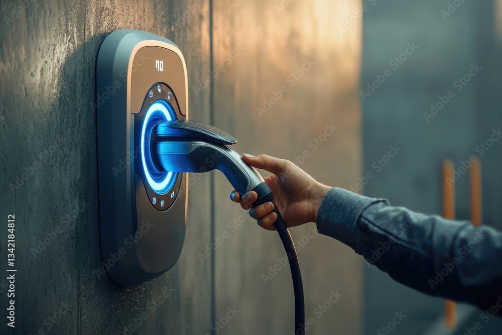 A user connects an electric vehicle charger to a charging station. The device features luminous indicators, set against a stylish wall, showcasing a blend of technology and design.