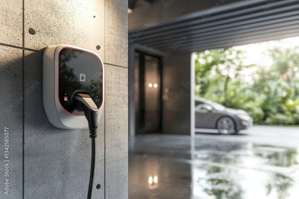 A sleek electric vehicle charging station is mounted on a concrete wall in a contemporary garage.