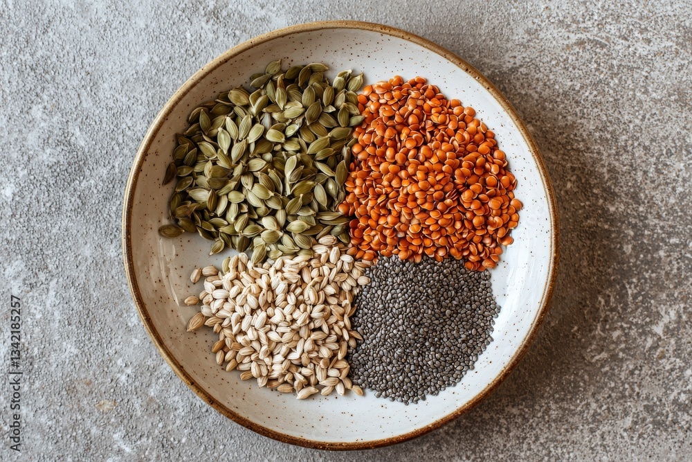 A circular dish showcases an assortment of seeds, including pumpkin, red lentils, sunflower, and chia. The colors and textures create an appealing visual arrangement on a neutral surface.