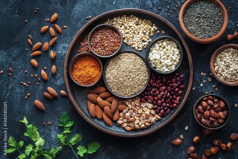 Various spices, seeds, and nuts are beautifully arranged in small bowls on a rustic wooden platter. Fresh cilantro leaves are scattered around, adding a vibrant touch.