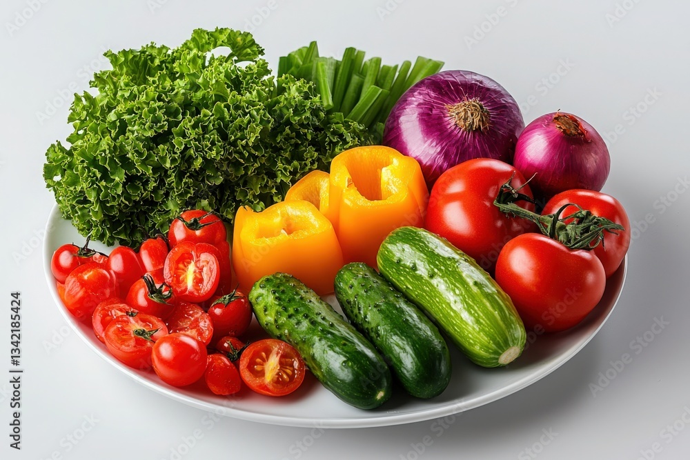 A colorful variety of fresh vegetables includes red tomatoes, green cucumbers, yellow bell peppers, and crisp lettuce. The arrangement is appealing, showcasing natures bounty and freshness.