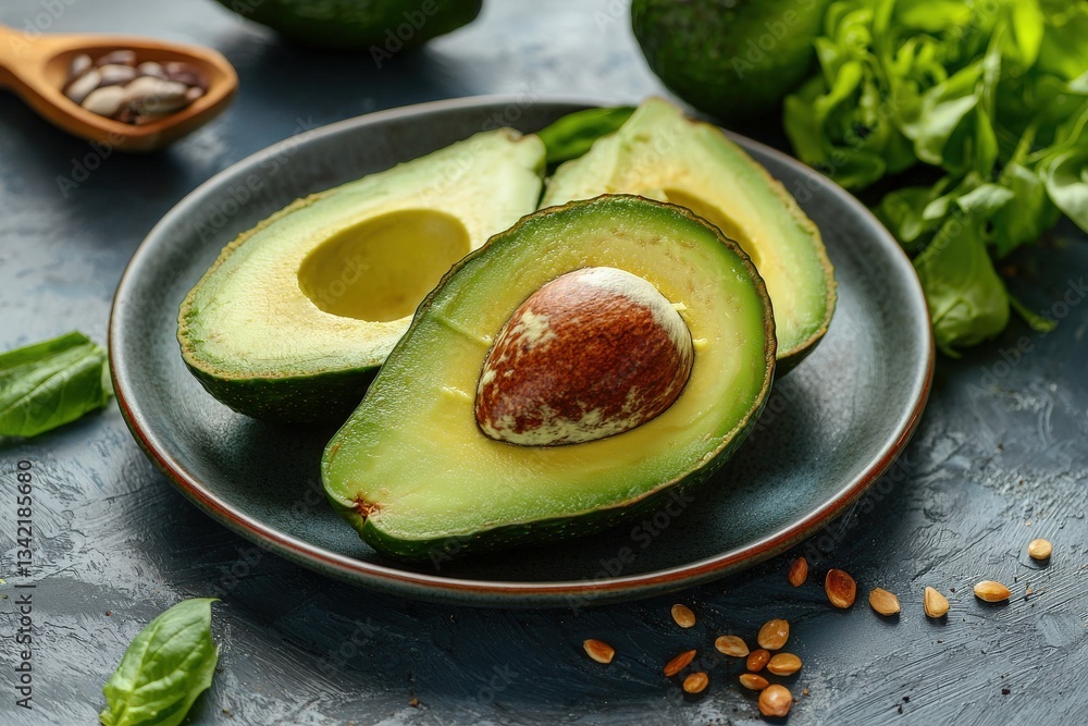Halved avocados are neatly arranged on a dark plate, showcasing their vibrant green flesh and large brown seed. Fresh spinach and scattered seeds complement the healthy display.