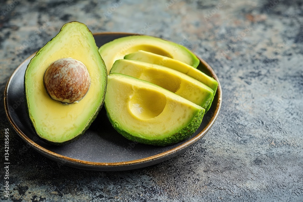 A halved avocado sits next to neatly sliced pieces on a dark plate. The smooth, green flesh contrasts with the brown pit, set against a textured gray backdrop, highlighting its freshness.