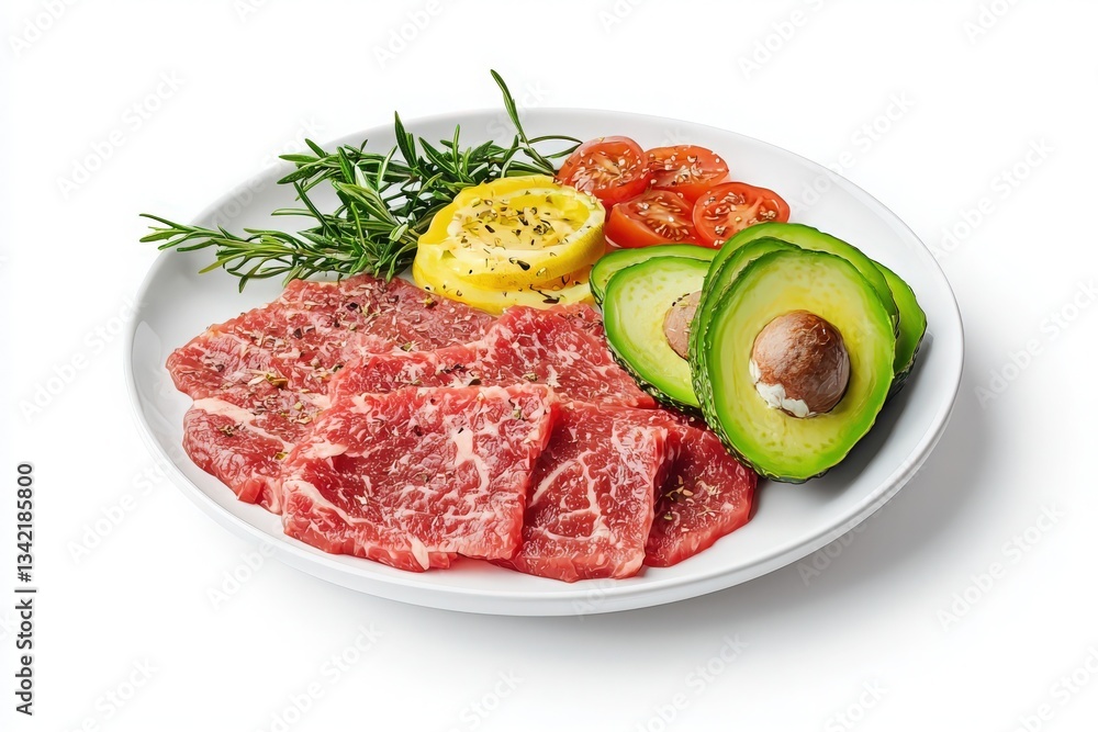 A presentation of thinly sliced meat accompanied by avocado, lemon, cherry tomatoes, and rosemary. The vibrant colors and fresh ingredients create an appealing visual display for a meal.