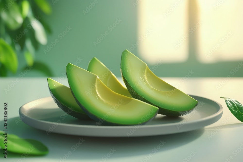 Slices of ripe avocado rest on a simple plate, illuminated by gentle sunlight streaming through a window. The green hues are vibrant against a softly blurred background.