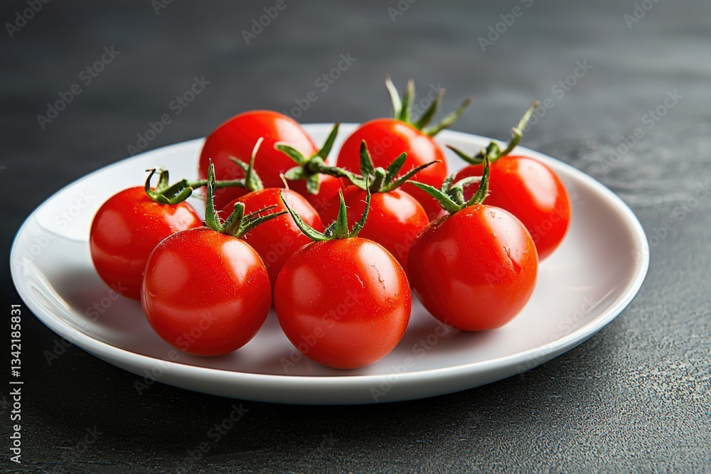 A collection of bright red cherry tomatoes with green stems is arranged neatly on a simple white plate, set against a dark textured background, highlighting their vibrant color and freshness.