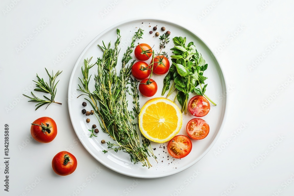 Freshly picked herbs, ripe cherry tomatoes, and sliced citrus fruits are artistically arranged on a white plate. The natural light highlights the vibrant colors and textures.