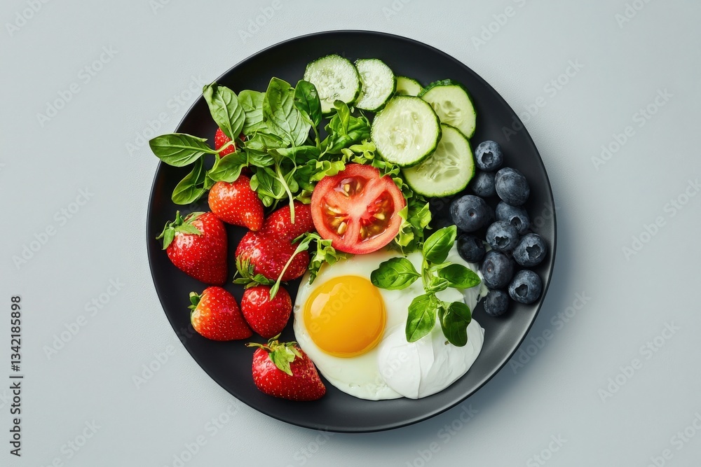 A black plate holds a vibrant assortment of fresh strawberries, blueberries, crisp cucumber slices, juicy tomato, and leafy greens, topped with a perfectly cooked egg during a bright morning.