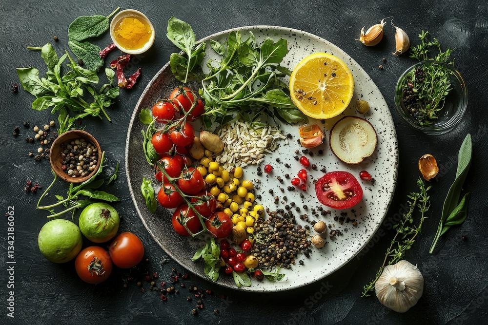 A vibrant array of fresh vegetables, fruits, and spices is beautifully arranged on a textured dark surface.