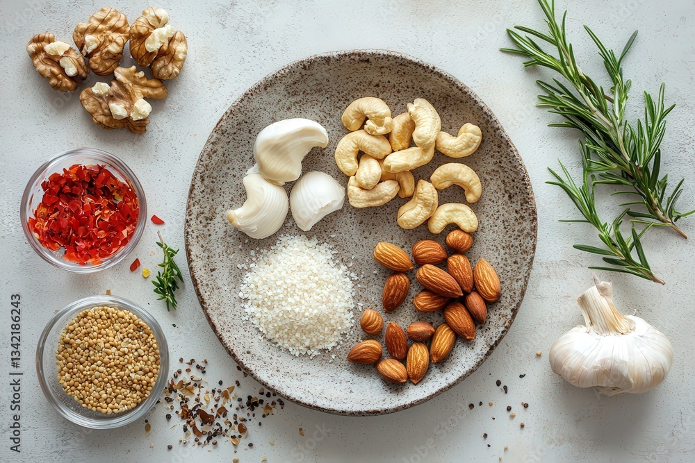 A variety of nuts including cashews, almonds, and walnuts are artistically arranged on a plate.