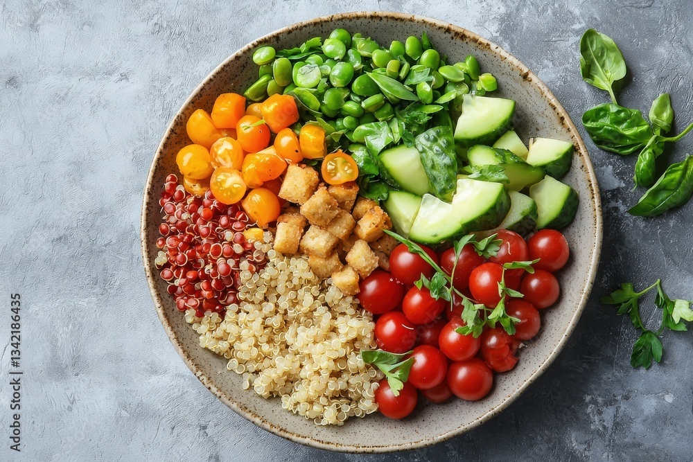 A vibrant bowl is filled with an assortment of fresh vegetables including cucumbers, cherry tomatoes, and snap peas, complemented by quinoa and crunchy croutons. Ideal for a nutritious meal.