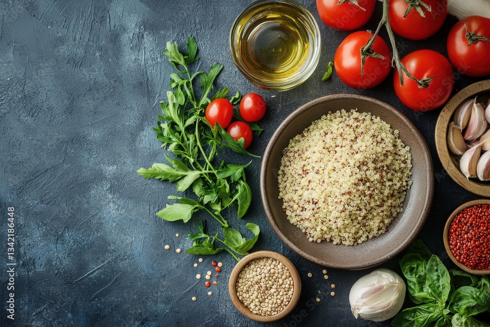 A variety of fresh ingredients is arranged on a dark countertop, including ripe tomatoes, quinoa, garlic, and leafy greens. Olive oil is also present, suggesting a healthy meal preparation.