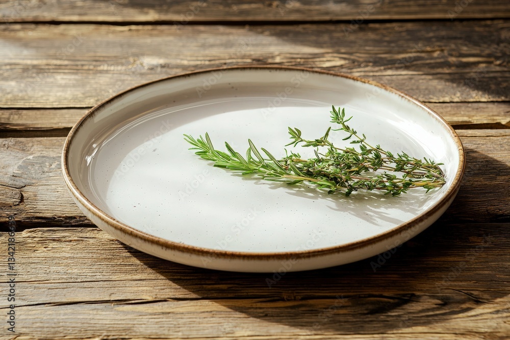 A sprig of fresh herb lies on a simple white plate placed on a weathered wooden table. The sunlight casts soft shadows, enhancing the natural beauty of the setting.