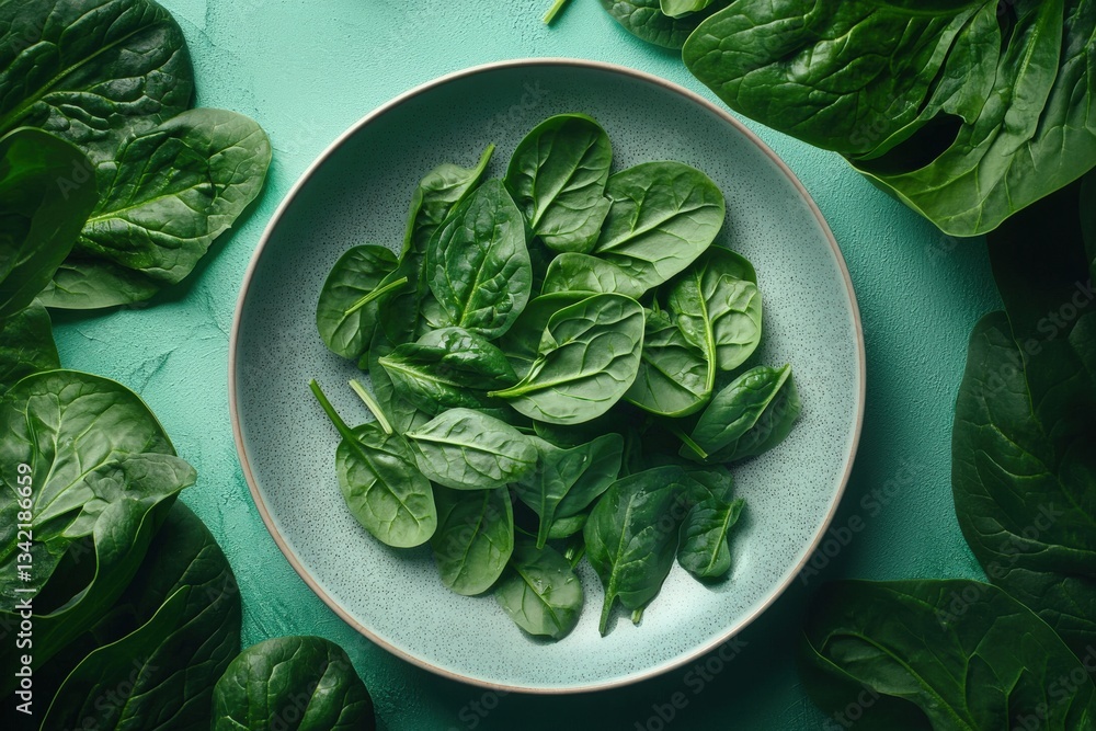 Vibrant green spinach leaves are beautifully arranged on a simple plate. Surrounding the plate, more fresh spinach leaves create a lush, natural setting.