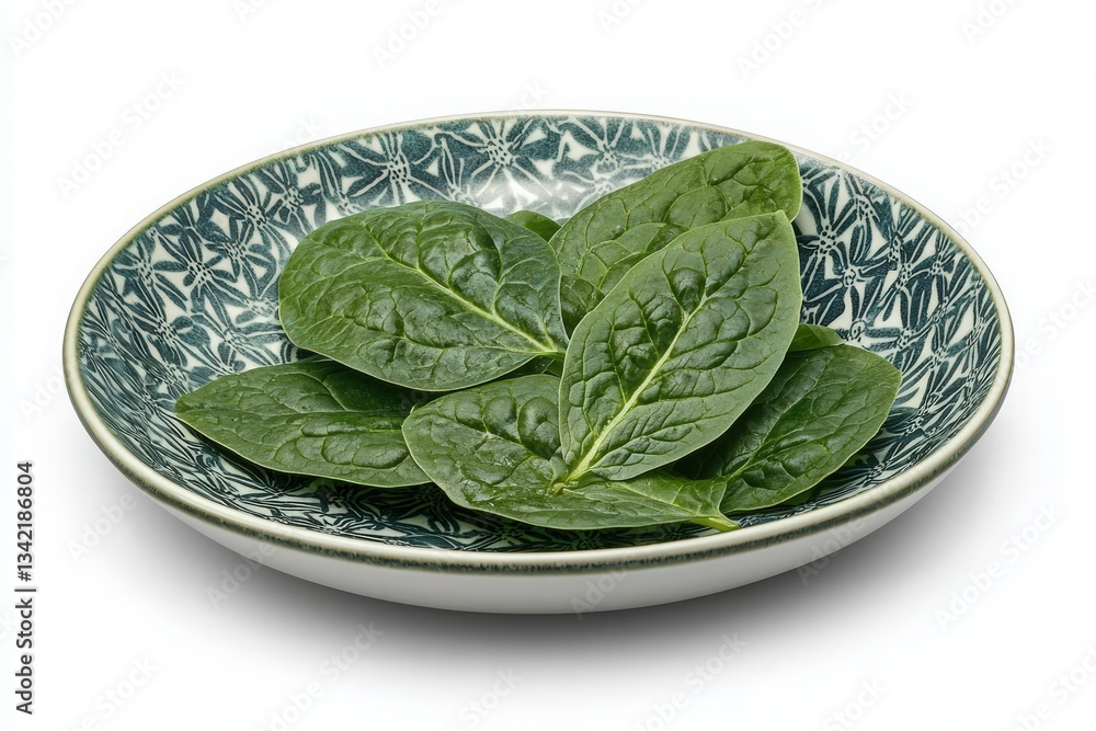 A vibrant display of fresh spinach leaves is arranged in a decorative bowl, showcasing their rich green color and healthy appeal, perfect for salads or cooking.
