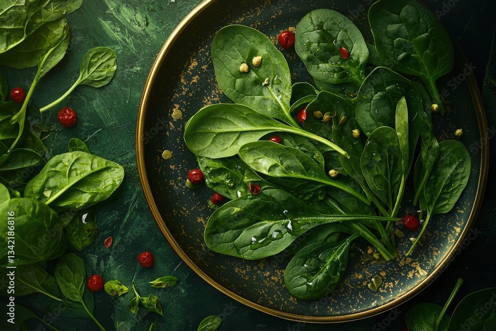 Vibrant spinach leaves are arranged on a dark, round plate, sprinkled with small berries and seeds. Surrounding the plate, additional fresh greens add a rich texture and color contrast.
