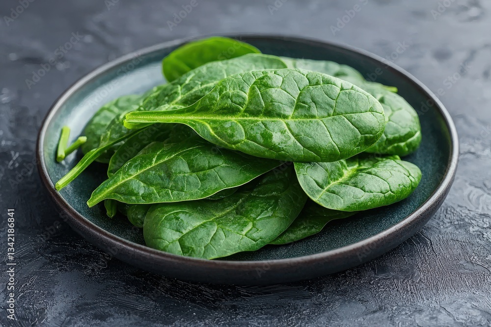 A plate holds vibrant and fresh spinach leaves, showcasing their rich green color and smooth texture. These leaves are perfect for salads or cooked dishes, promoting healthy eating.