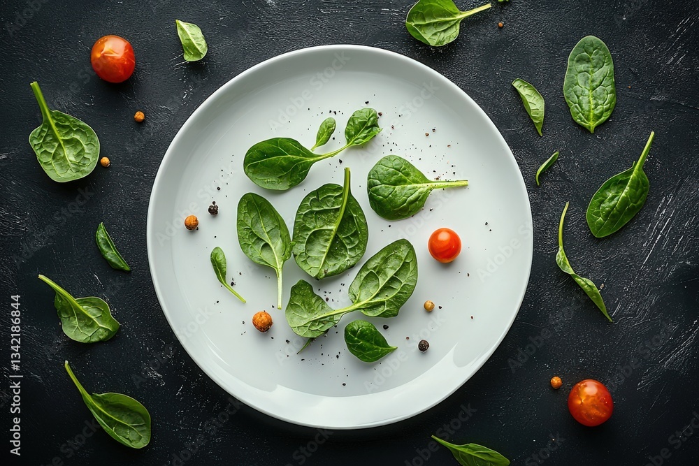 Fresh spinach leaves and ripe cherry tomatoes are artistically arranged on a white plate sprinkled with spices. The dark background enhances the vibrant colors of the vegetables.