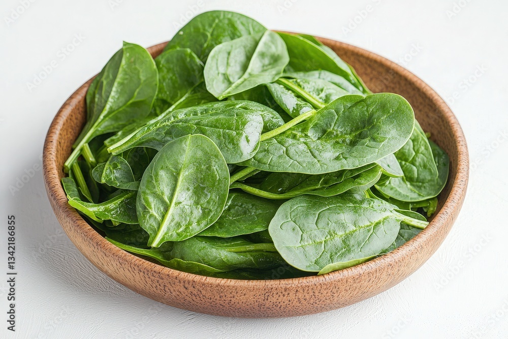 Bright green spinach leaves are arranged in a wooden bowl, showcasing their freshness and crisp texture. Perfect for salads or cooking, they add vibrant color and nutrition to any dish.