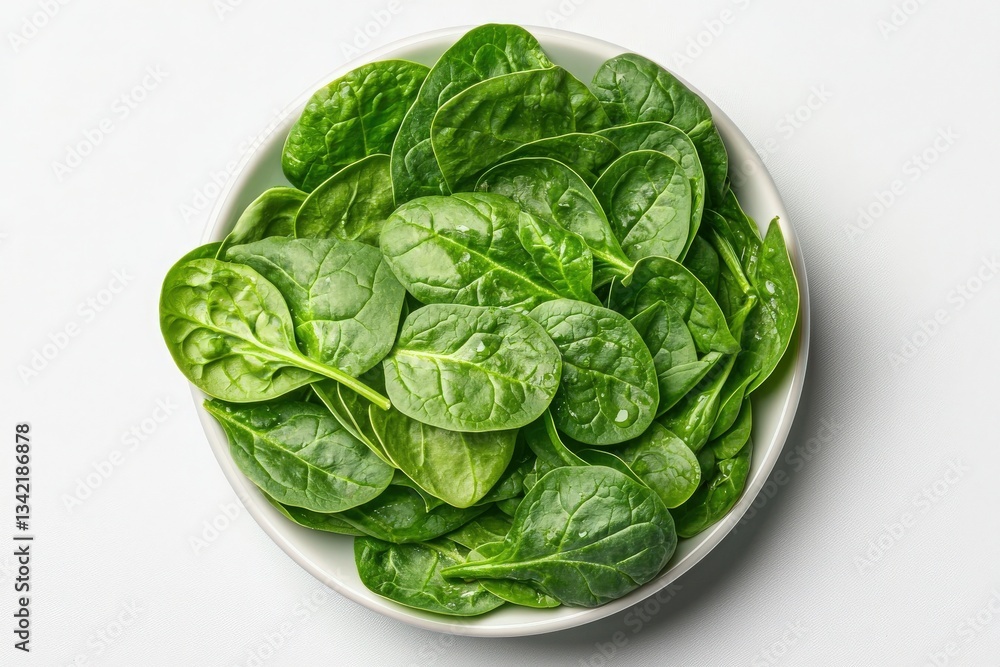 A bowl filled with vibrant green spinach leaves showcases their fresh appearance. The leaves have a glossy finish and are neatly arranged, perfect for salads or cooking.