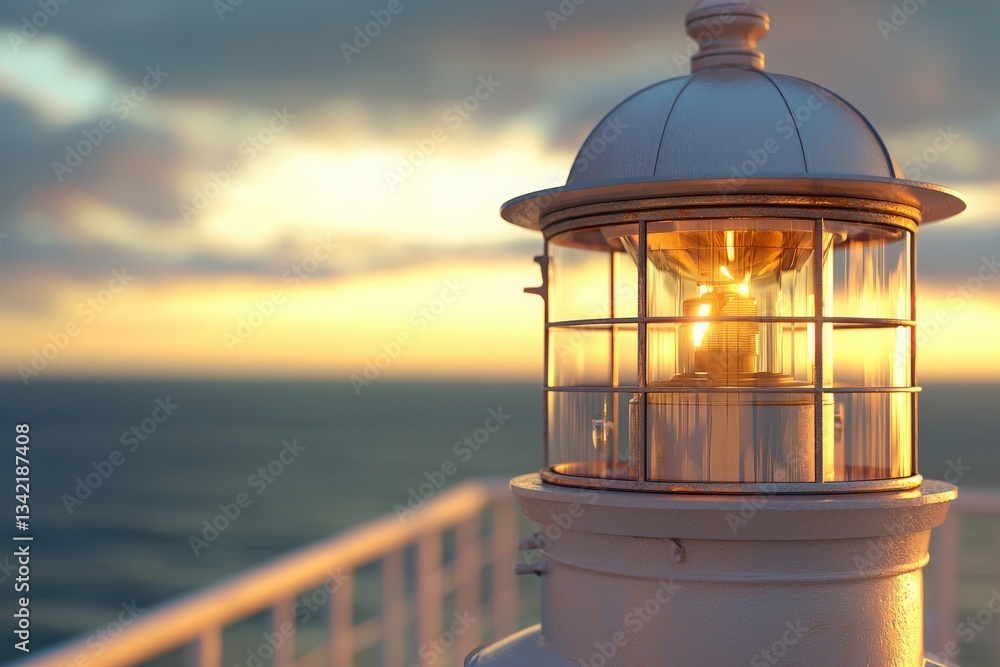 A close-up of a lighthouse beacon shines brightly as the sun sets over the ocean. The warm light contrasts with the cool colors of the sky and water, creating a serene atmosphere.