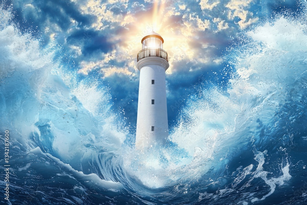 A white lighthouse rises above turbulent ocean waves, with sunlight breaking through the dramatic clouds. The scene captures the power of nature and the steadfastness of maritime structures.