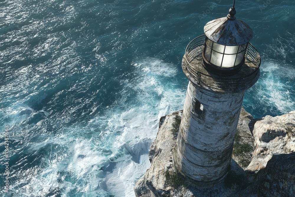 A lighthouse stands tall on a rocky cliff, casting its light over crashing ocean waves. The scene captures the morning light reflecting off the water, creating a serene yet dynamic atmosphere.