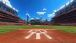 © emzee - A vibrant sunny day at a full baseball stadium. The pitcher's mound is in focus, with the stands filled with spectators